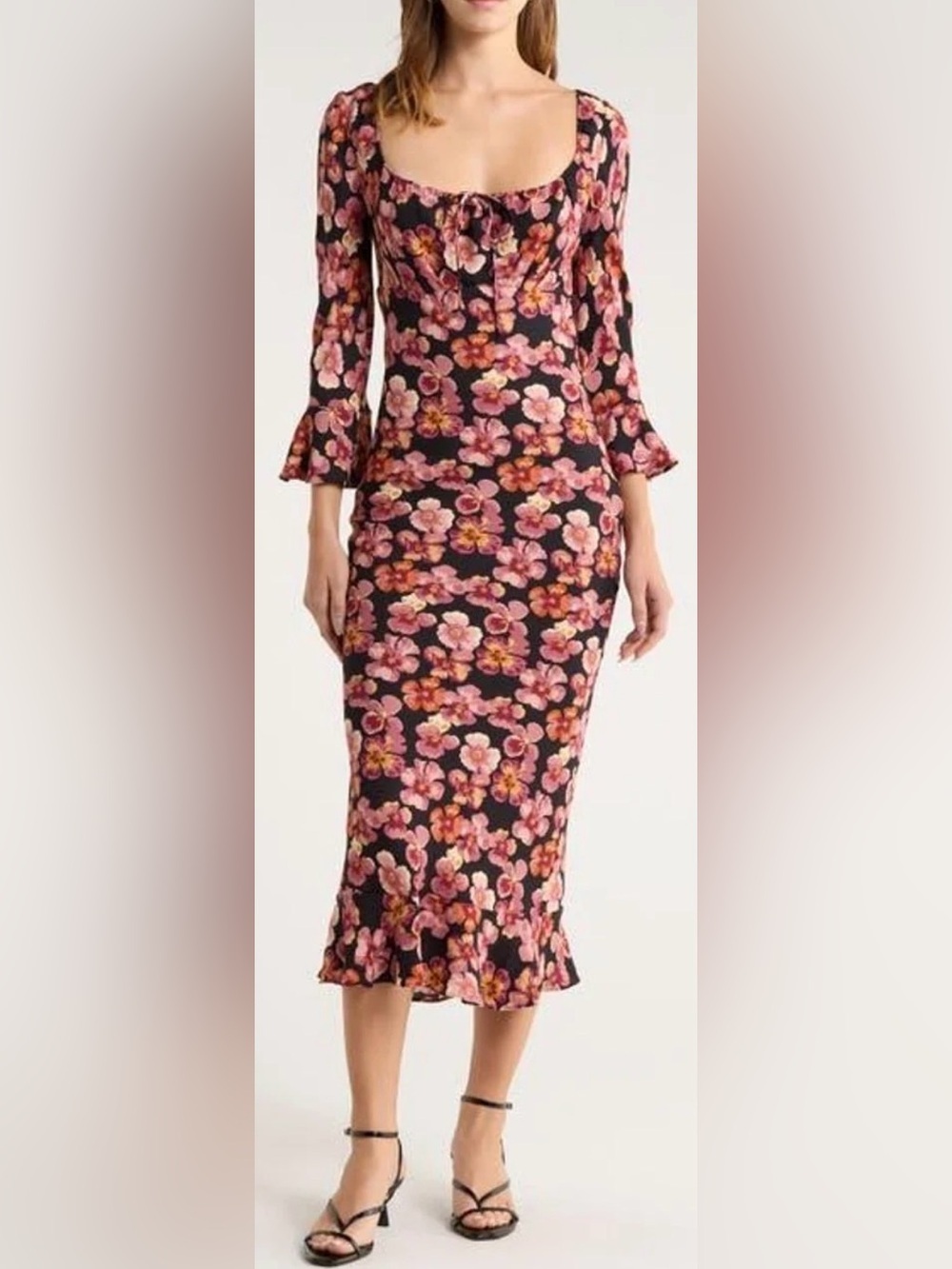 Reformation Black Floral Midi Dress with Pink & Orange Blooms